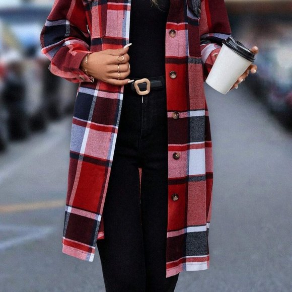 Red Trendy Womens Plaid Print Drop Shoulder Flap Pocket Overcoat - Picture 3 of 5